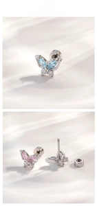 Detailed view of butterfly cartilage stud earring with cubic zirconia and screw back