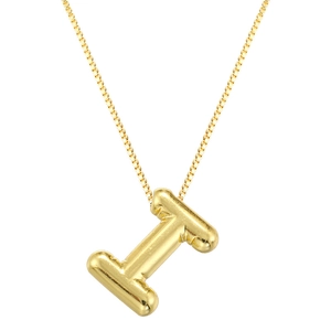 Macro detail of puffy 3D letter I pendant on a fine golden box chain necklace