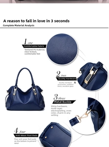 Detail view of navy blue PU leather handbag with gold-tone hardware and anti-wear studs