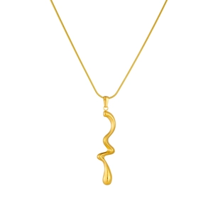Elegant gold plated stainless steel necklace with abstract wavy pendant on white background