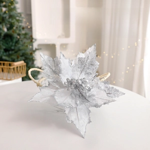 Fleur de poinsettia artificielle argentée à paillettes pour décoration de sapin