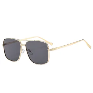 Retro square double bridge sunglasses with gold metal frame and dark gray lenses