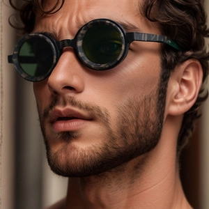Detail of round marble textured sunglasses with dark green lenses on male model face