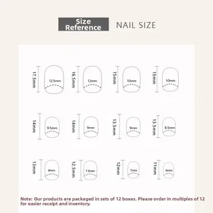 Size chart showing 12 different dimensions for cute bunny short press-on nails for kids