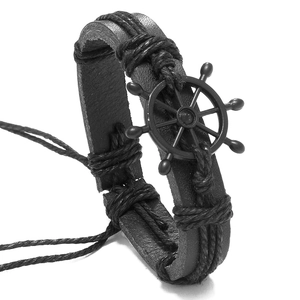 Mens Woven Cowhide Leather Bracelet Alloy Ship Rudder Charm Nautical Retro Style Adjustable Jewelry