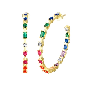 Chic 925 silver gold-plated large hoop earrings with colorful zircon stones on white background