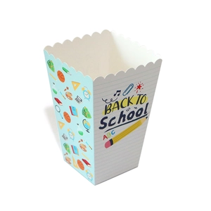 Detail of Back to School popcorn boxes with wave edges and school-themed illustrations