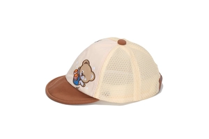 Detail of baby mesh cap featuring cute bear embroidery and breathable honeycomb back