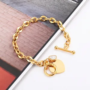Bracelet À Pendentif Cœur Acier Inoxydable Plaqué Or 18K Fermoir OT T-Bar Oxyde De Zirconium Double Cœur Mode Femmes