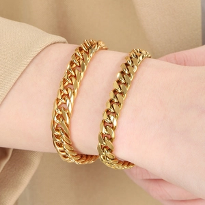 Close-up of double-woven gold Cuban link bracelets worn on a wrist for a stylish look