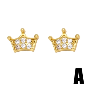 Chic golden crown stud earrings featuring sparkling round zircons in a polished finish