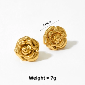 Detailed macro view of 14mm gold rose stud earrings with layered petal texture