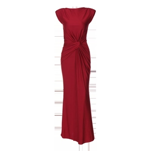 Close-up of the waist-knotted ruching detail on a deep red sleeveless evening dress