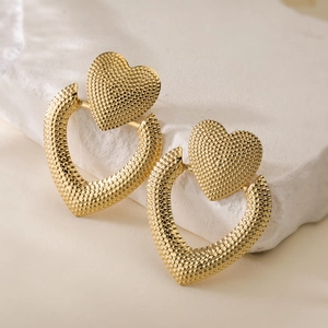 Vintage 18K gold plated stainless steel heart earrings with textured grainy finish