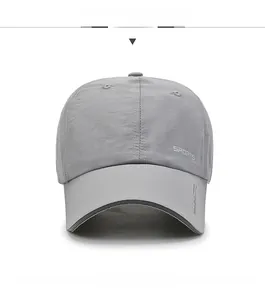 Close-up of grey breathable sports cap featuring SPORTS embroidery and reflective details