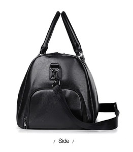 Side view of black lychee grain PU leather travel bag with hardware details and strap