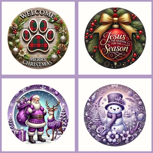 Christmas Wooden Round Door Sign Welcome Merry Christmas Snowman Santa Plaque Hanging For Home Wall Holiday Party Decor