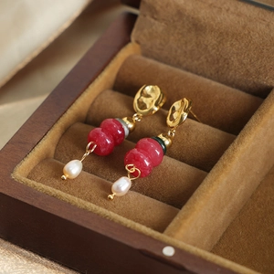 Retro handmade earrings with natural stones and long freshwater pearl pendants in jewelry box