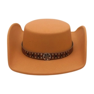 Sombrero vaquero clásico de fieltro marrón con ala ancha y banda decorativa de cuero