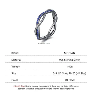 S925 sterling silver black twisted ring with pavé blue stones, 3.7mm width band
