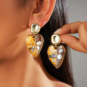 Heart Drop Earrings Alloy Faux Artificial Pearl Shell Resin Inlay With Silver Earring Post Vintage Bohemian Style Jewelry Women