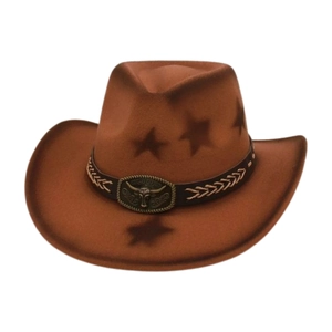 Brown western cowboy hat with star print and bull head buckle in a classic silhouette
