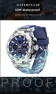 Close-up of waterproof dual-display sports watch with blue strap in splashing water scene