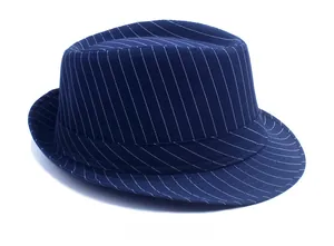 Side view of navy blue British jazz fedora hat with white pinstripes and curved brim