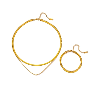 Golden stainless steel double-layer necklace and bracelet set with snake and bead chains
