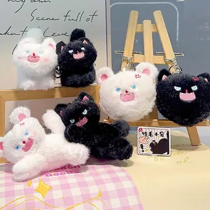 Cute fluffy cat plush keychains in black and white with funny expressions for bags