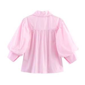 Pink poplin shirt with lantern sleeves and back pleated detail for women, 2025 spring style