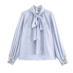 Damen Eleganz Jacquard Satin Bluse Langarm Schluppenhemd Puffärmel Einfarbig Büro Hemd