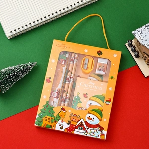 Detailed view of a Christmas stationery gift set with snowman and reindeer illustrations.