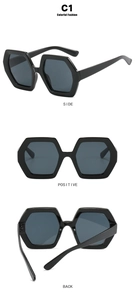 Three-dimensional views showing side, front, and back of black hexagonal sunglasses