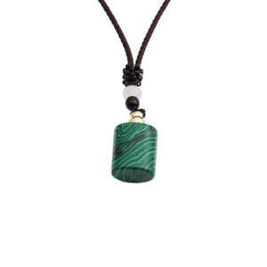 Malachite perfume bottle necklace with golden accents and brown woven rope strap