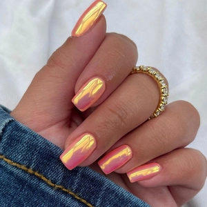 Aurora Iridescent Pink Gold Press On Nails Square Oval Shape Shimmer Cat Eye Glossy Full Cover Fake Nails Manicure For Women