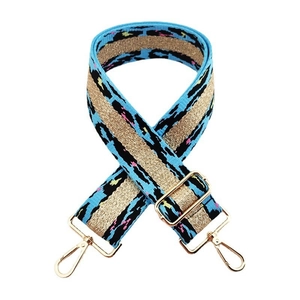 Close-up of blue leopard print strap with gold thread details and metal buckles