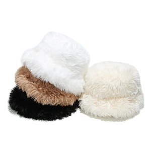 Plush faux fur bucket hat for women in white, brown, and black colors for winter warmth