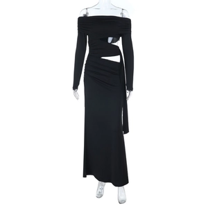 Elegant black off-shoulder long sleeve maxi dress with waist cut-outs and ruched detailing