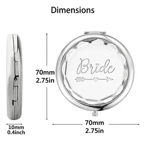 Rose gold compact mirror dimensions showing 70mm diameter and 10mm thickness for Bride