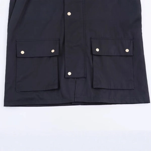 Black casual hooded windbreaker jacket with contrast collar and gold metal snap buttons