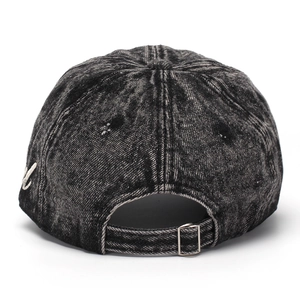 Back view of washed black denim baseball cap with adjustable metal buckle and embroidery