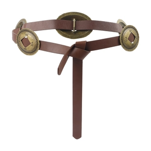 Retro brown leather waist belt with large vintage brass concho buckles on white background