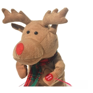 Close-up of plush Christmas reindeer with red scarf and Press Here activation button
