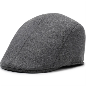 Classic dark grey wool flat cap for men in retro style shown from a side profile view