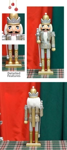 Detailed views of a 30cm glittery wood nutcracker king with silver crown and staff