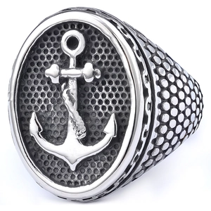Retro stainless steel men's signet ring with an embossed anchor on a honeycomb background