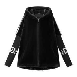 Women's black faux fur hooded jacket with zip closure and white letter print detailing