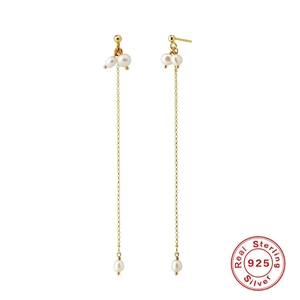 Luxurious S925 sterling silver tassel chain earrings with elegant white pearls for women