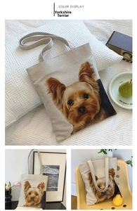 Detail of canvas tote bag featuring a realistic Yorkshire Terrier print on beige fabric
